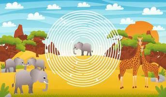 Safari desert circle maze for kids with cute elephant characters, help to find right way, printable worksheet in cartoon style for school, animal wildlife theme