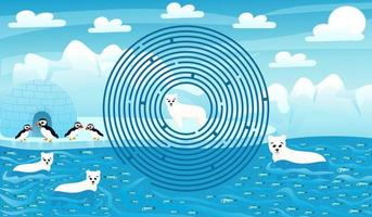 Arctic landscape and circle maze for kids with cute polar bears, puffins characters and ingloo, help to find right way, printable worksheet in cartoon style for school, animal wildlife theme vector