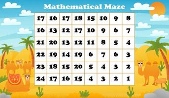 Math maze game for children with cute animal camel in desert printable worksheet for kids in cartoon style vector
