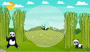 Bamboo forest circle maze for kids with cute panda characters, help to find right way, printable worksheet in cartoon style for school, animal wildlife theme vector