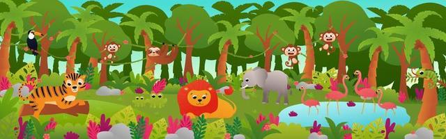 Tropical jungle forest landscape with cute animals, web banner with lion, flamingos and tiger laying on wood trunk in cartoon style, zoo poster, horizontal rainforest with flowers and pond vector