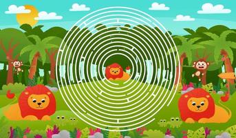 Tropical jungle forest circle maze for kids with cute lion characters and monkeys, help to find right way, printable worksheet in cartoon style for school, animal wildlife theme vector