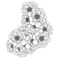 flor de peonía bocetos fáciles dibujo a lápiz del esquema de diseño de arte lineal en blanco y negro vector