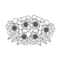 flor de peonía bocetos fáciles dibujo a lápiz del esquema de diseño de arte lineal en blanco y negro vector