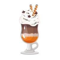 Coffee in a glass with whipped cream, orange syrup and spices . vector