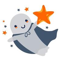 un fantasma volador de halloween con un impermeable sostiene una estrella. vector