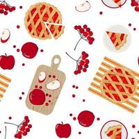 Autumn seamless pattern - Apple pie, red berries, wooden cutting Board, red apples and slices. vector