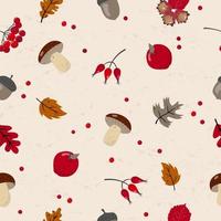 fondo transparente de otoño con elementos: bellotas, hojas de roble, hojas de arce, bayas de rosa mosqueta, champiñones porcini, manzanas rojas vector