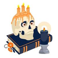 calavera de halloween con velas en el libro de una bruja. vector