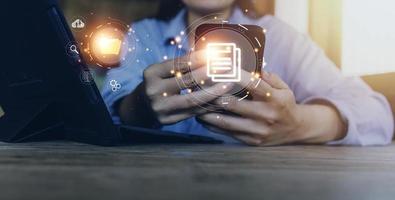 Document Management System DMS, online documentation database and process automation to efficiently manage files, knowledge and documentation in enterprise with ERP. Corporate business technology. photo