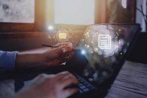 Document Management System DMS, online documentation database and process automation to efficiently manage files, knowledge and documentation in enterprise with ERP. Corporate business technology. photo