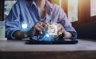 Document Management System DMS, online documentation database and process automation to efficiently manage files, knowledge and documentation in enterprise with ERP. Corporate business technology. photo