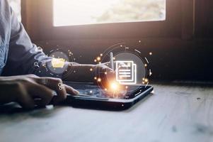 Document Management System DMS, online documentation database and process automation to efficiently manage files, knowledge and documentation in enterprise with ERP. Corporate business technology. photo
