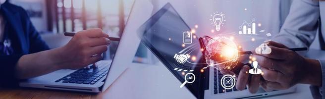 woman Hand holding virtual Global Internet connection metaverse. Business global internet connection application technology and digital marketing, Financial and banking, Digital link tech, big data. photo