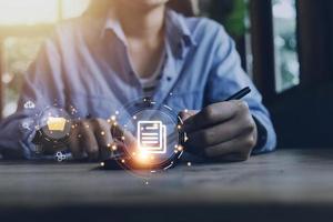 Document Management System DMS, online documentation database and process automation to efficiently manage files, knowledge and documentation in enterprise with ERP. Corporate business technology. photo