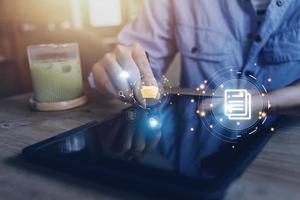 Document Management System DMS, online documentation database and process automation to efficiently manage files, knowledge and documentation in enterprise with ERP. Corporate business technology. photo