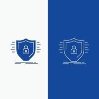 defensa, cortafuegos, protección, seguridad, línea de escudo y botón web de glifo en banner vertical de color azul para ui y ux, sitio web o aplicación móvil vector