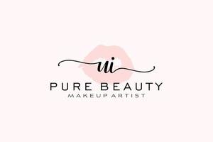 diseño de logotipo prefabricado de labios de acuarela de interfaz de usuario inicial, logotipo para marca comercial de artista de maquillaje, diseño de logotipo de boutique de belleza rubor, logotipo de caligrafía con plantilla creativa. vector