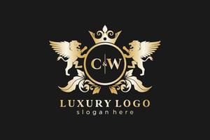 Initial CW Letter Lion Royal Luxury Logo template in vector art for Restaurant, Royalty, Boutique, Cafe, Hotel, Heraldic, Jewelry, Fashion and other vector illustration.