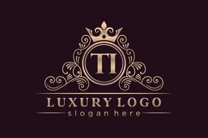 TI Initial Letter Gold calligraphic feminine floral hand drawn heraldic monogram antique vintage style luxury logo design Premium Vector