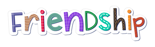 Children comic colorful friendship word with random details. Perfect for tags and stickers. png