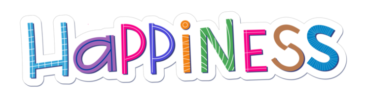 palabra de felicidad colorida cómica para niños con detalles aleatorios. perfecto para etiquetas y pegatinas. png