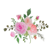 ramo de flores de acuarela, arreglo floral con rosas y hojas verdes ilustración png