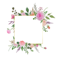 marco floral acuarela, ilustración de borde de flores con rosas y hojas verdes png