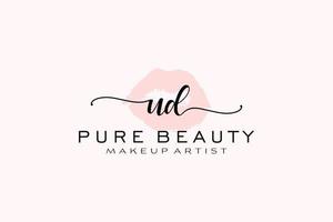 diseño de logotipo prefabricado inicial de labios de acuarela ud, logotipo para marca comercial de artista de maquillaje, diseño de logotipo de boutique de belleza rubor, logotipo de caligrafía con plantilla creativa. vector