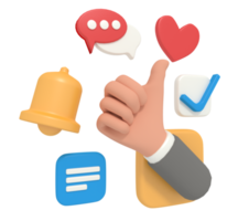 3d illustration of thumbs up comments and status on social media png