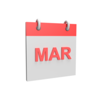 calendario de marzo 3d. ilustración de objeto renderizado png