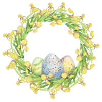 corona de pascua con flores amarillas lirios y huevos, ilustración acuarela. borde del círculo floral. dibujo a mano para imprimir en tela, decoración, papel tapiz, papel envolvente