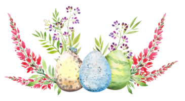 Easter floral composition with red and yellow flowers and eggs. Flower bouquet, watercolor illustration png