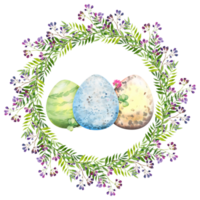 couronne florale de pâques avec fleurs violettes, branches, feuilles et œufs. bouquet de fleurs, illustration aquarelle. png