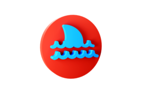 Shark warning sign in blue and red color. Dangerous sea life icon. Shark dorsal fin in the sea. Dangerous zone 3D symbol. PNG File. 3D Rendering.