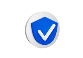 Blue Safety Shield Check Mark Icon. 3D security check symbol. Network Protection concept.  PNG File. 3D Rendering.