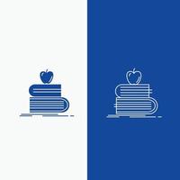 regreso a la escuela, escuela, estudiante, libros, línea de manzana y botón web de glifo en banner vertical de color azul para ui y ux, sitio web o aplicación móvil vector