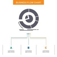 Analysis. analytics. business. diagram. pie chart Business Flow Chart Design with 3 Steps. Glyph Icon For Presentation Background Template Place for text. vector