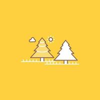 forest. camping. jungle. tree. pines Flat Line Filled Icon. Beautiful Logo button over yellow background for UI and UX. website or mobile application vector