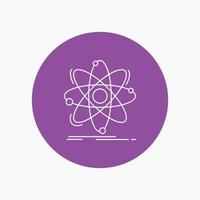 átomo. Ciencias. química. física. icono de línea blanca nuclear en el fondo del círculo. ilustración de icono de vector