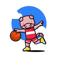 Happy cute pig playing basketball vector