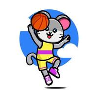 ratón lindo feliz jugando baloncesto vector