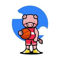 cerdo lindo feliz jugando baloncesto vector