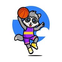 Happy cute raccoon playing basketball vector