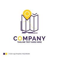 Company Name Logo Design For gps. location. map. navigation. route. Purple and yellow Brand Name Design with place for Tagline. Creative Logo template for Small and Large Business. vector