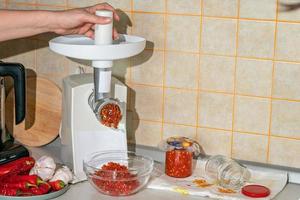 cocinar adjika de pimiento picante y ajo molido en una picadora de carne. preparativos para el invierno. remedio popular para la gripe y los resfriados foto