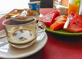 Naithon Beach Phuket Thailand 2018 Fresh breakfast with pineapple watermelon orange juice toast Phuket Thailand. photo