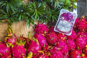 Purple pink pitaya dragon fruit in thai market Phuket Thailand. photo