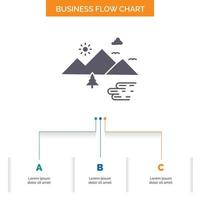 Mountains. Nature. Outdoor. Clouds. Sun Business Flow Chart Design with 3 Steps. Glyph Icon For Presentation Background Template Place for text. vector