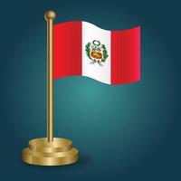 PERU national flag on golden pole on gradation isolated dark background. table flag, vector illustration